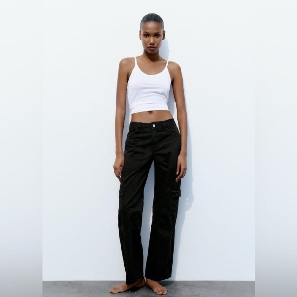 Zara High Waist Straight Leg Cargo Black Pants Size 10